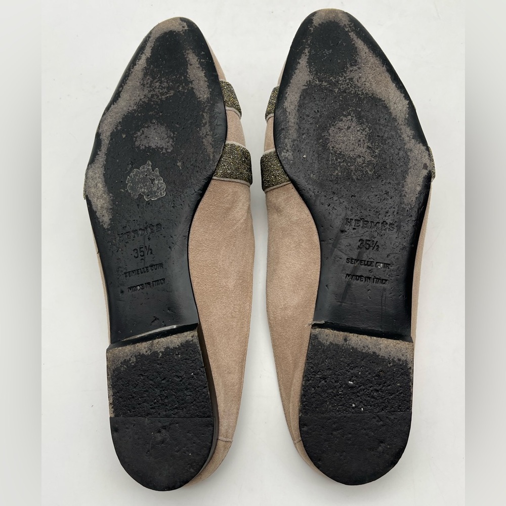 HERMES Beige Suede Leather Mules Flats Slip On Shoes Sz 35 1/2 - Picture 6 of 7